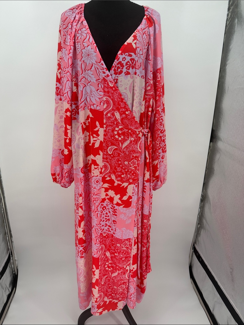 ASOS US 16 Pink & Red Floral Patchwork Wrap Maxi Dress